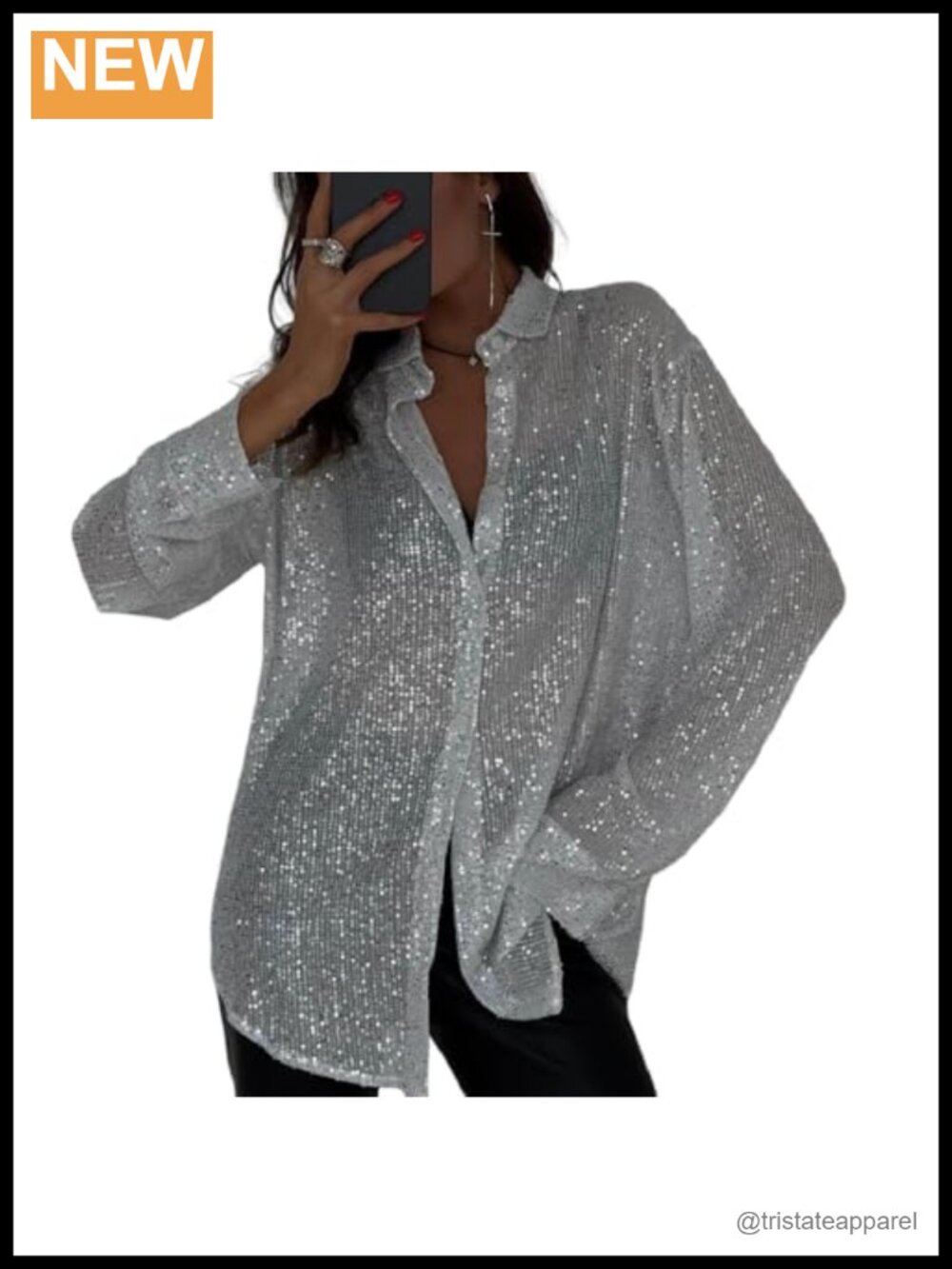 Sequined Long Sleeve Blouse with Collar & Open Front